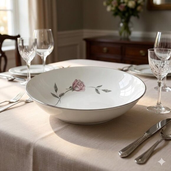 Mikasa Primrose 8194 Fine China Serving Bowl 9" Pink Rose & Silver Trim Elegant - Picture 2 of 5